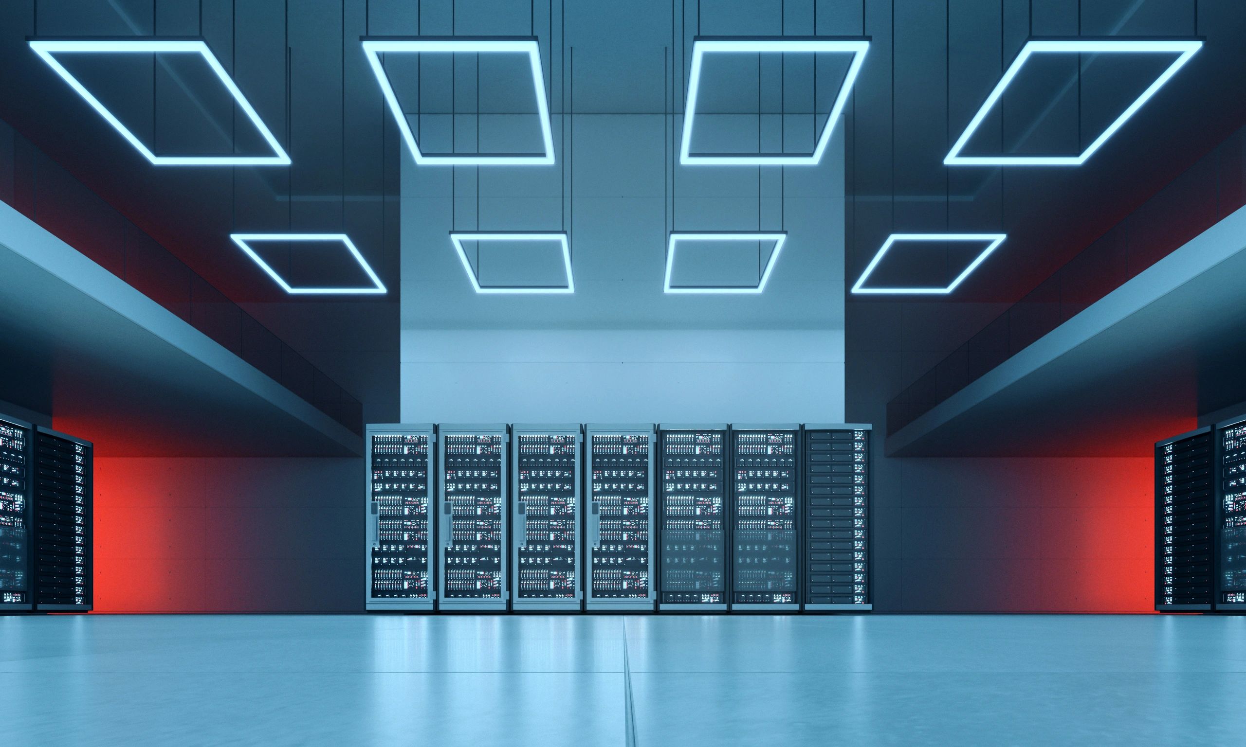 Data center hallway with server racks and blue lighting
